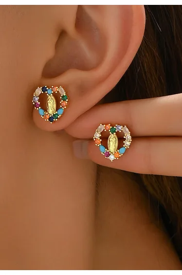 Multicolored Rhinestones Virgin Mary Heart Earrings