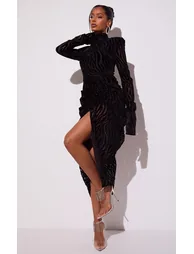 Black Zebra Print Devore High Neck Draped Midaxi Dress - 5