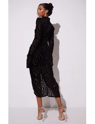 Shop Black Zebra Print Devore High Neck Draped Midaxi Dress Online in Oman