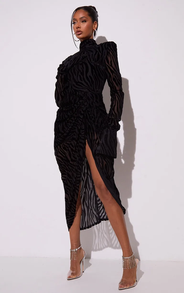 Black Zebra Print Devore High Neck Draped Midaxi Dress - 1