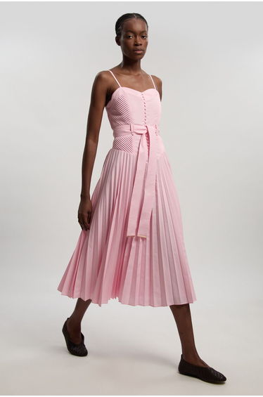 Cotton Top Stitch Dropped Waist Woven Strappy Midi Dress
