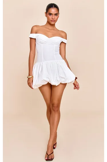 White Bardot Puffball Mini Dress