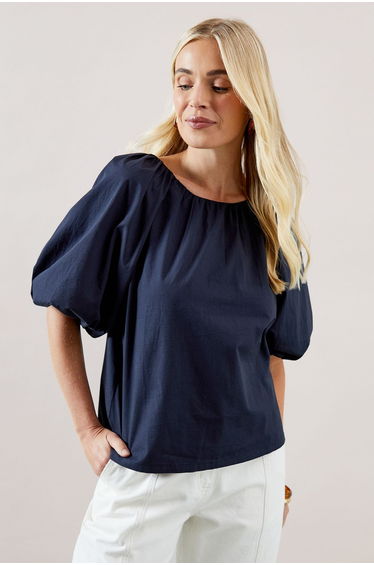 Petite Puff Sleeve Cotton Poplin Top