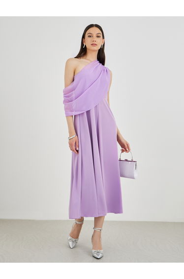 Solid One Shoulder Detail A-Line Midi Dress
