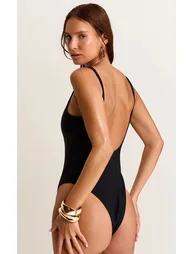 Black Basic Scooped Swimsuit. - 1