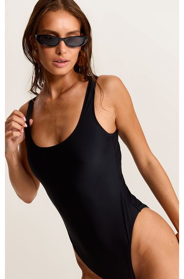 Black Basic Scooped Swimsuit.
