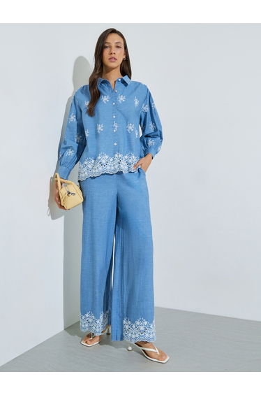 Blue Cotton Embroidered Wide Leg Pants