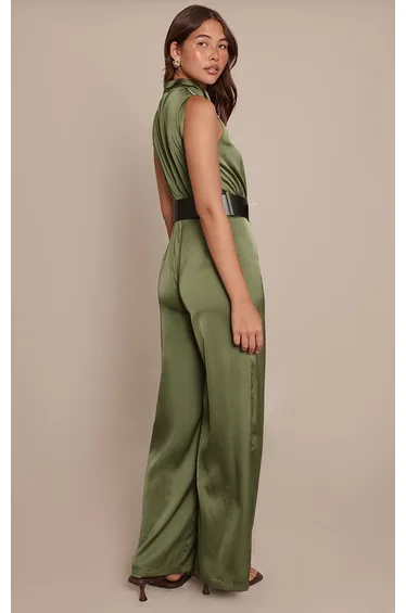 Khaki Satin High Neck Belt Detail Wide Leg Jumpsuit