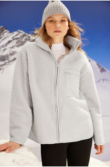 Winter Essentials Gray Fleece Zipper Stand Collar Long Sleeve Pocket Detailed Knitted Sweatshirt