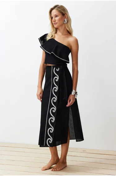 Black Woven Flounce One-Shoulder 100% Cotton Blouse and Skirt Suit