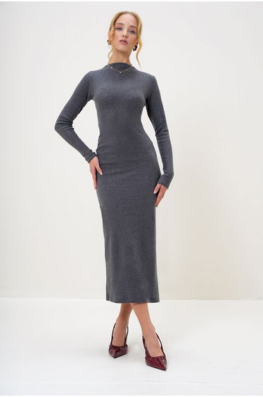 Women's Anthracite Crew Neck Long Sleeve Interlock Fabric Maxi Length Dress
