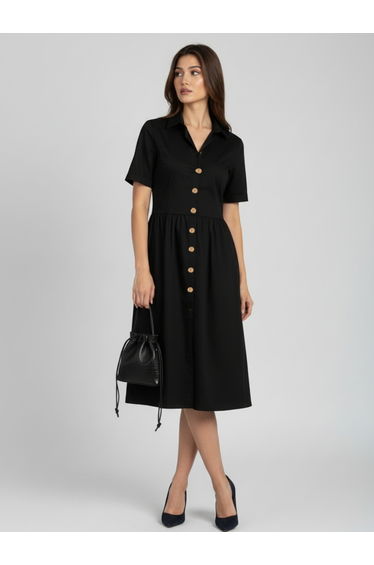 Women Black Cotton Poplin Midi Dress