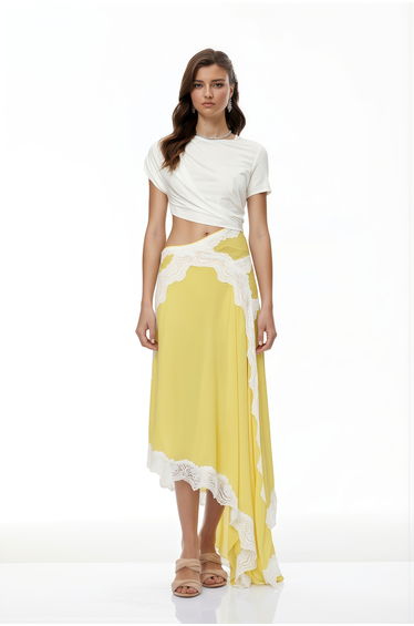 Fiamma Yellow Gathered Lace Panel Maxi Dress