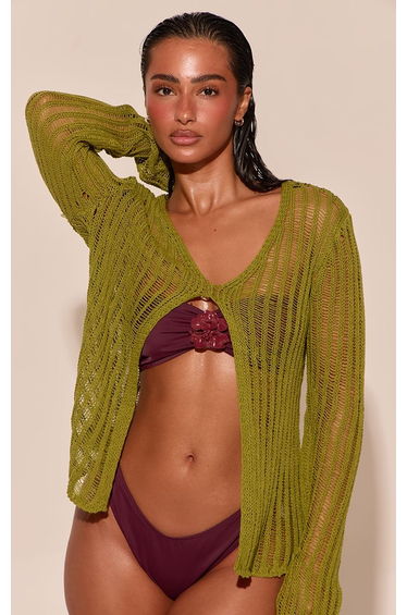 Olive Laddered Knit Long Sleeve Split Hem Beach Top
