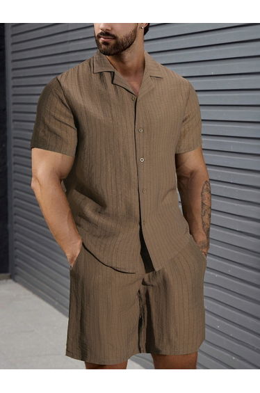 Men Brown Striped Short Sleeve Button Front Shirt and Shorts Co-Ords