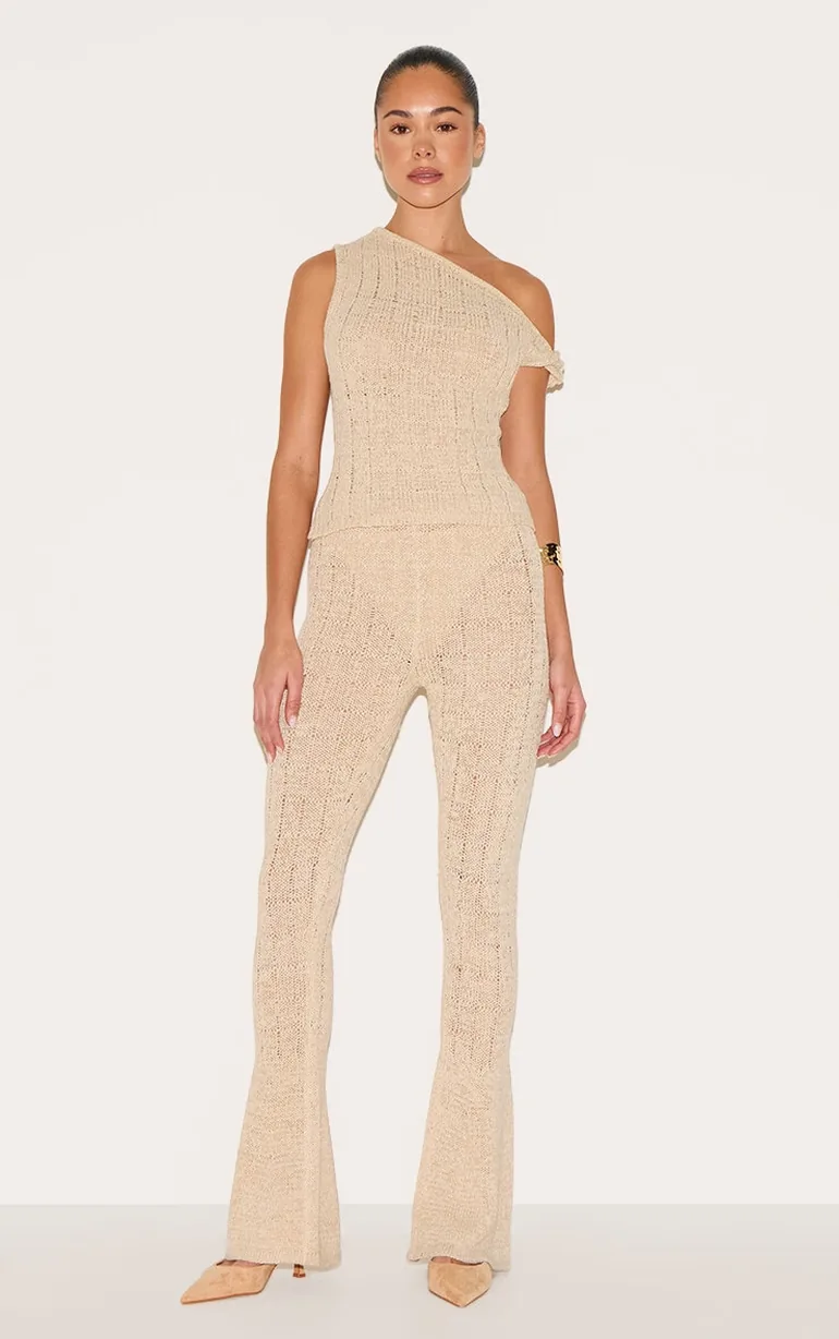 Oatmeal Textured Filigree Knit Wide Leg Trousers