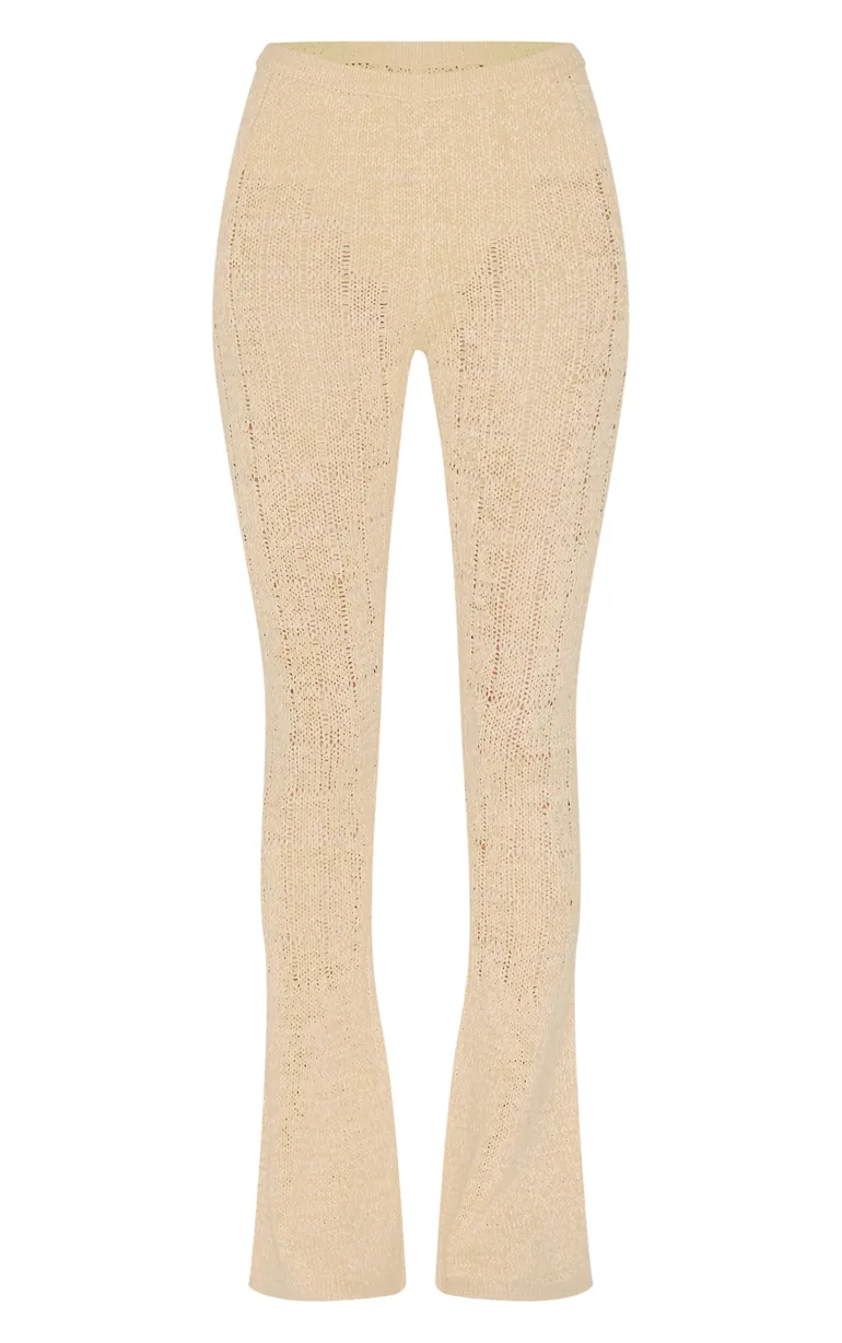 Oatmeal Textured Filigree Knit Wide Leg Trousers - 4