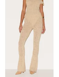 Oatmeal Textured Filigree Knit Wide Leg Trousers - 1