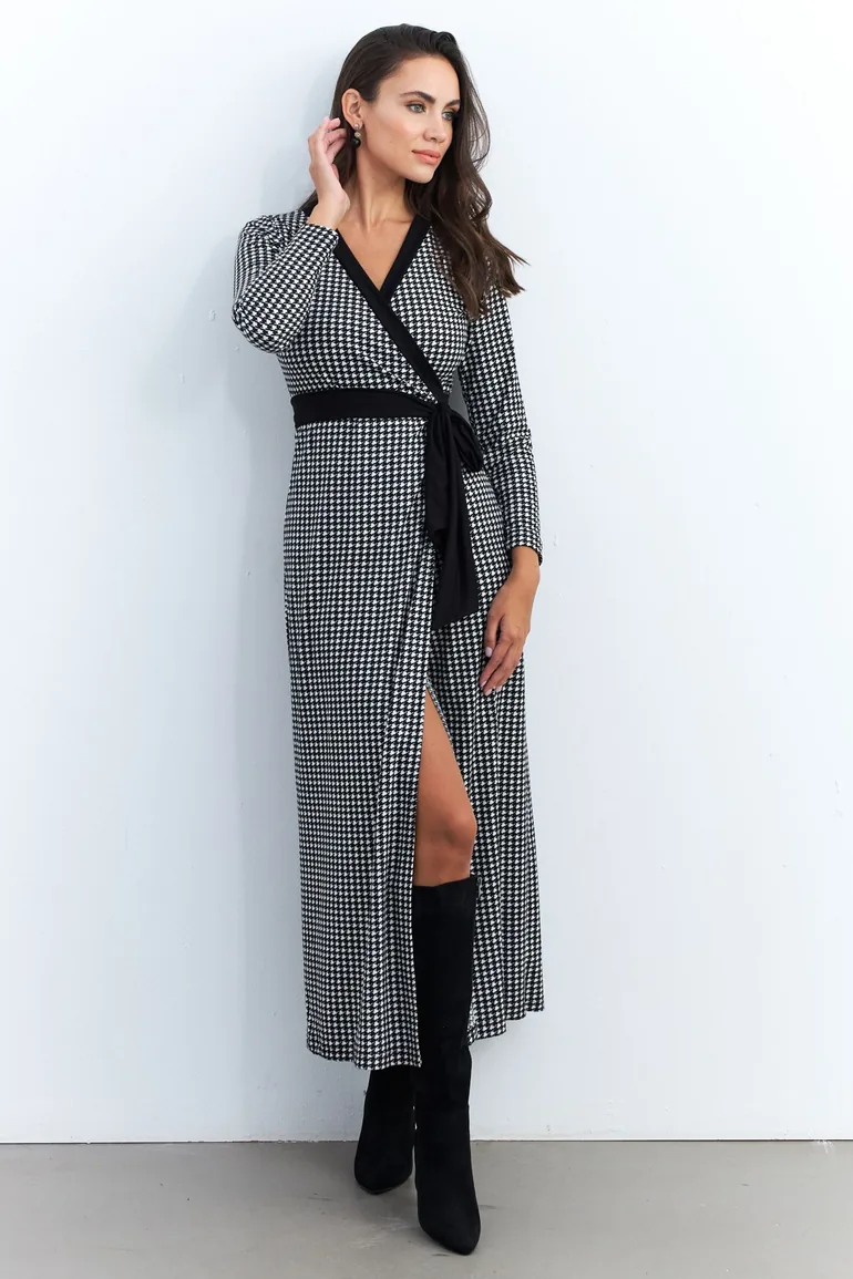 Women's Black-Ecru Double Breasted Houndstooth Maxi Dress - 5
