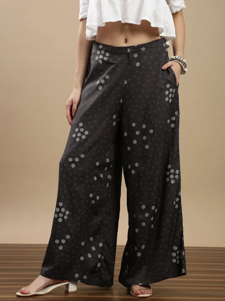 Charcoal Spot Print Wide Leg Pants - 1