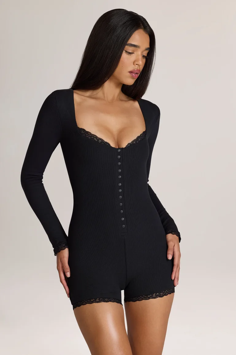 Ribbed Modal Lace-Trim Romper in Black - 4