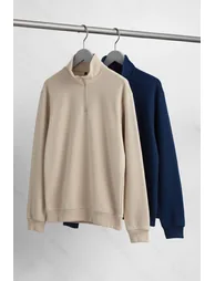 Navy Blue-Beige 2-Pack Stand Collar Regular Fit Fleece/Liner Warm Sweatshirt - 7