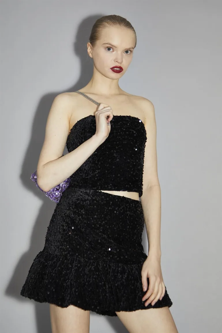 Black Velvet-Sequin Bandeau Crop-Top - 2