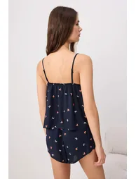 Navy Blue Floral Binding Detailed Viscose Woven Pajama Set - 3