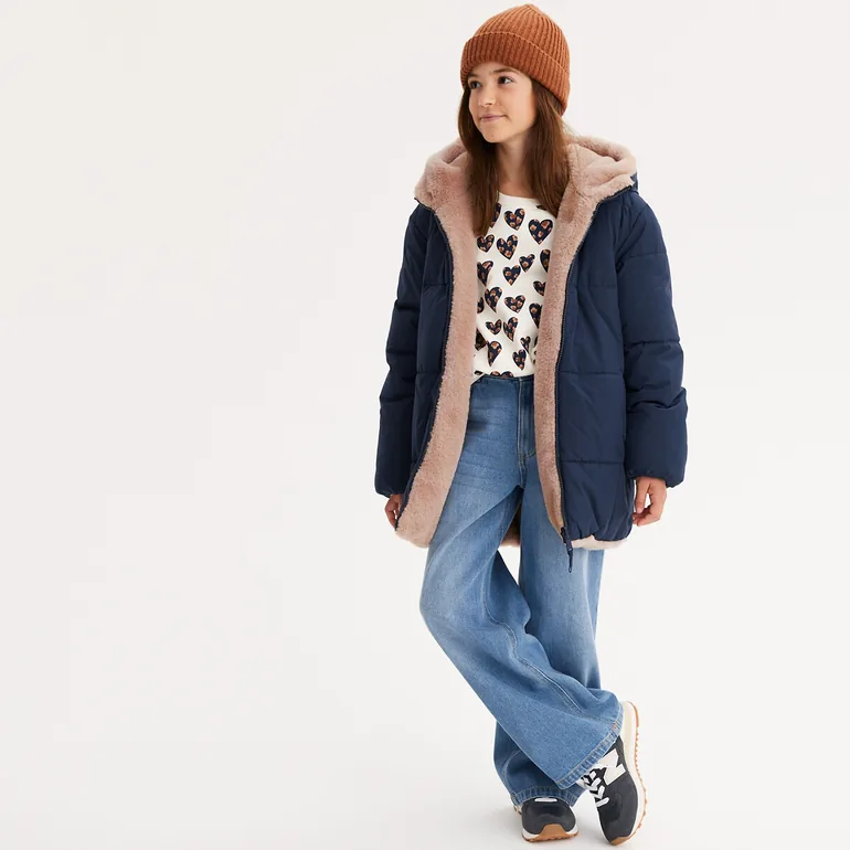 Warm Reversible Padded Jacket with Hood - 1