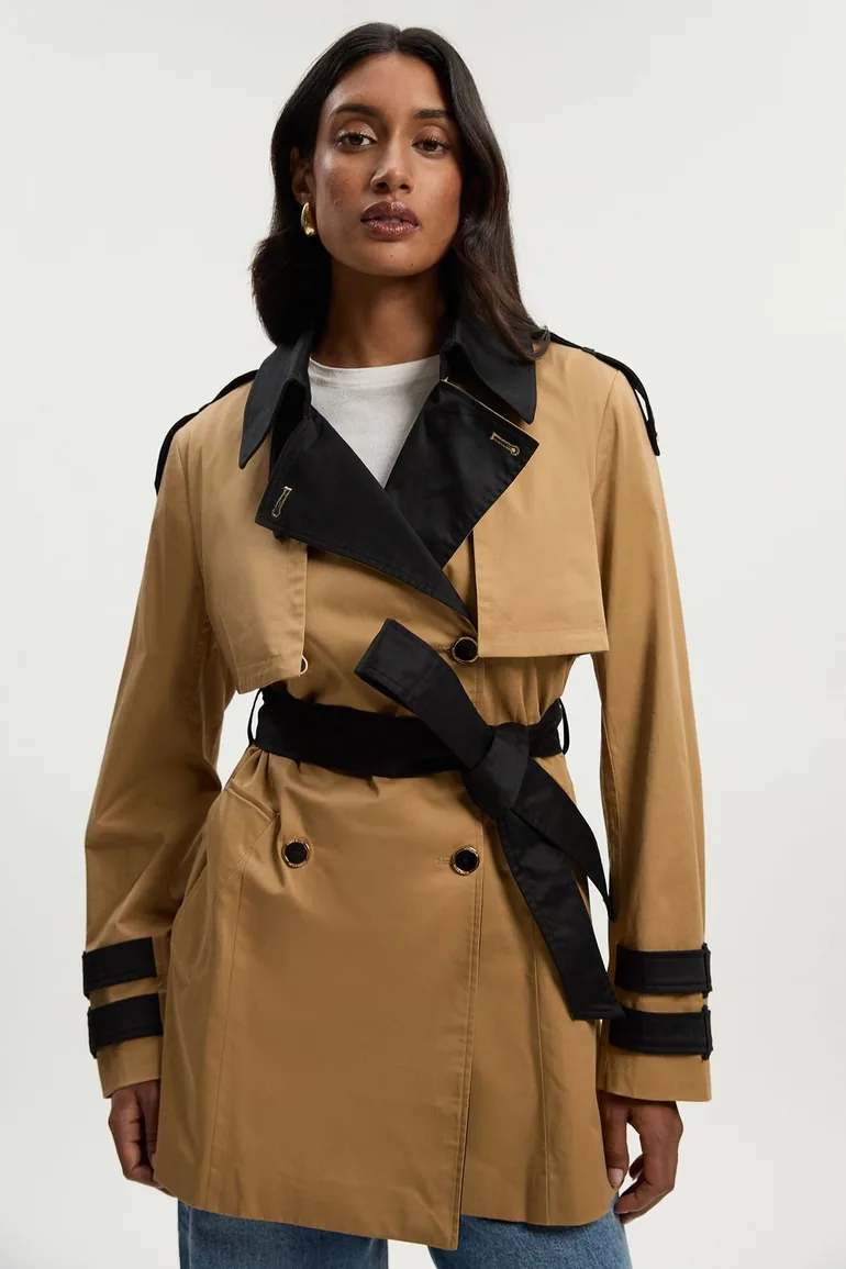 Colour Block Belted Tailored Short Trench Coat