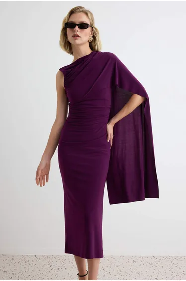 Plum Shawl Detailed Shift/Straight Cut Midi Knitted Evening & Graduation Dress