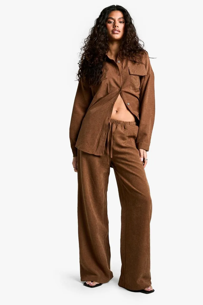 Striped Peached Drawstring Waist Wide Leg Trouser - tan - 2