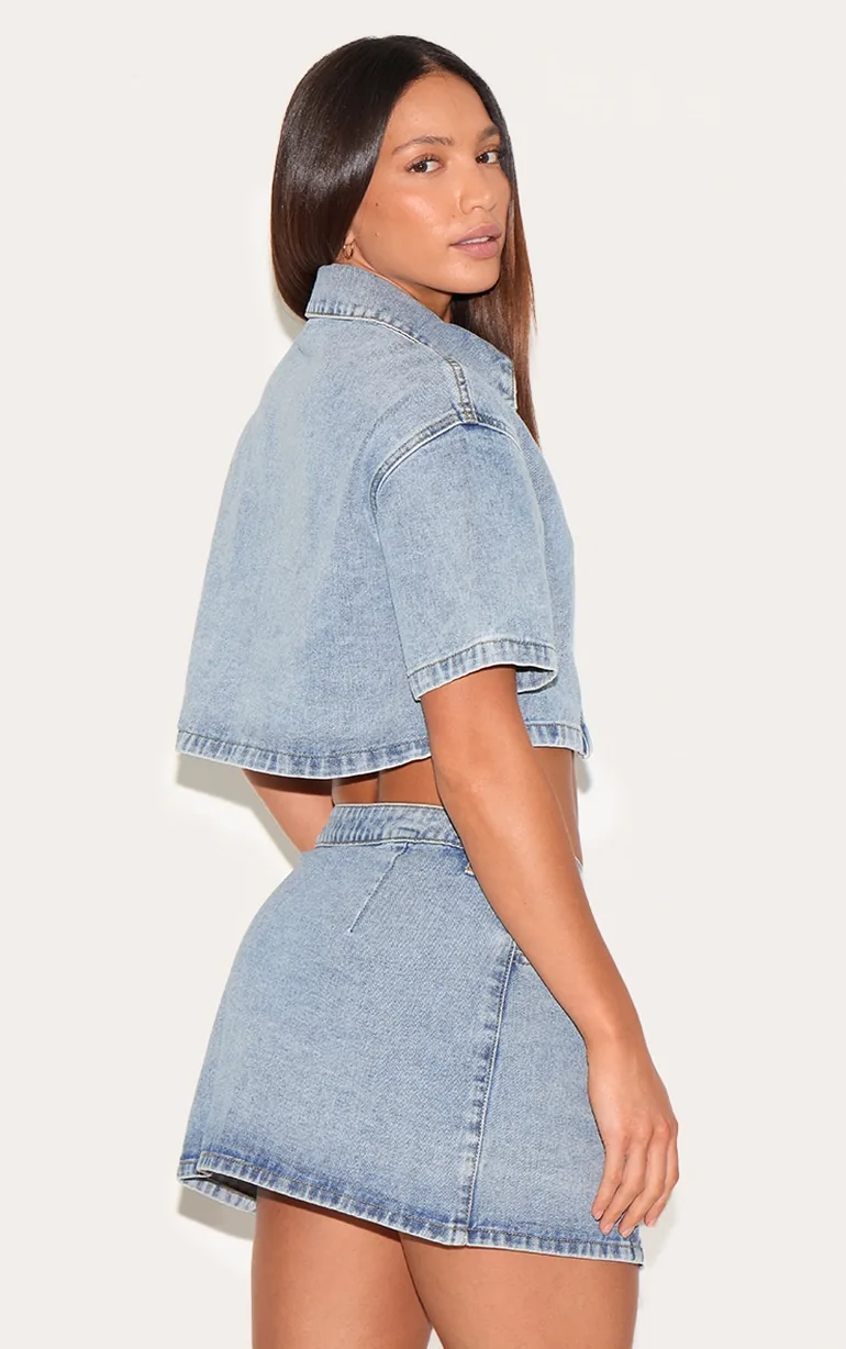 Tall Vintage Wash Button Up Short Sleeve Cropped Denim Shirt - 1