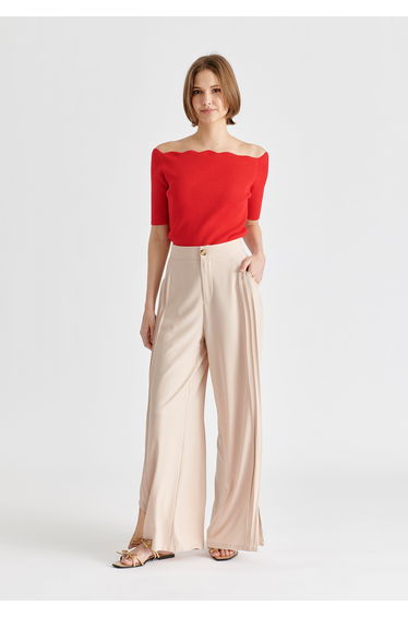 Wide Leg Trousers with Side Pleats and Split Hem