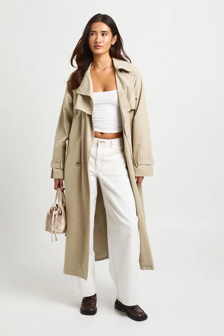 Belted Double Breasted Trench Coat - stone - 3