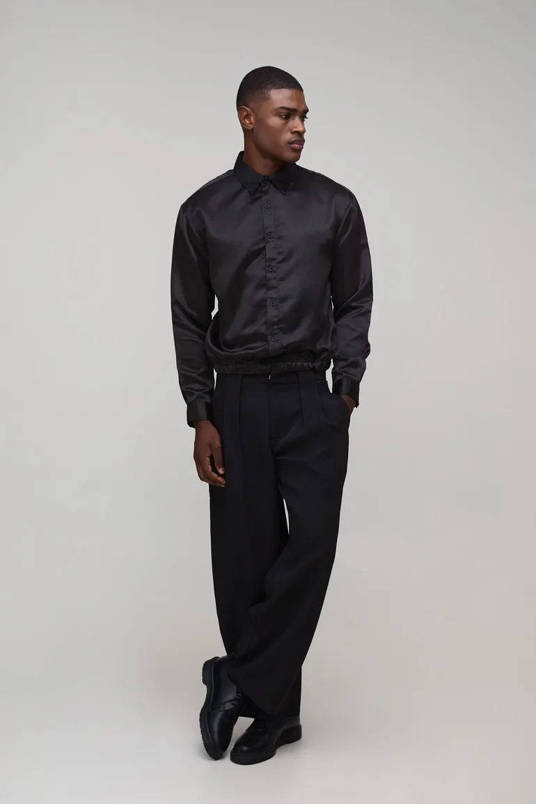 Oversized Boxy Cuffed Hem Long Sleeve Shirt - black