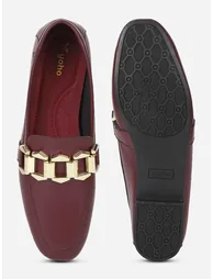 Burgundy Metal Buckle Accent Loafers - 1