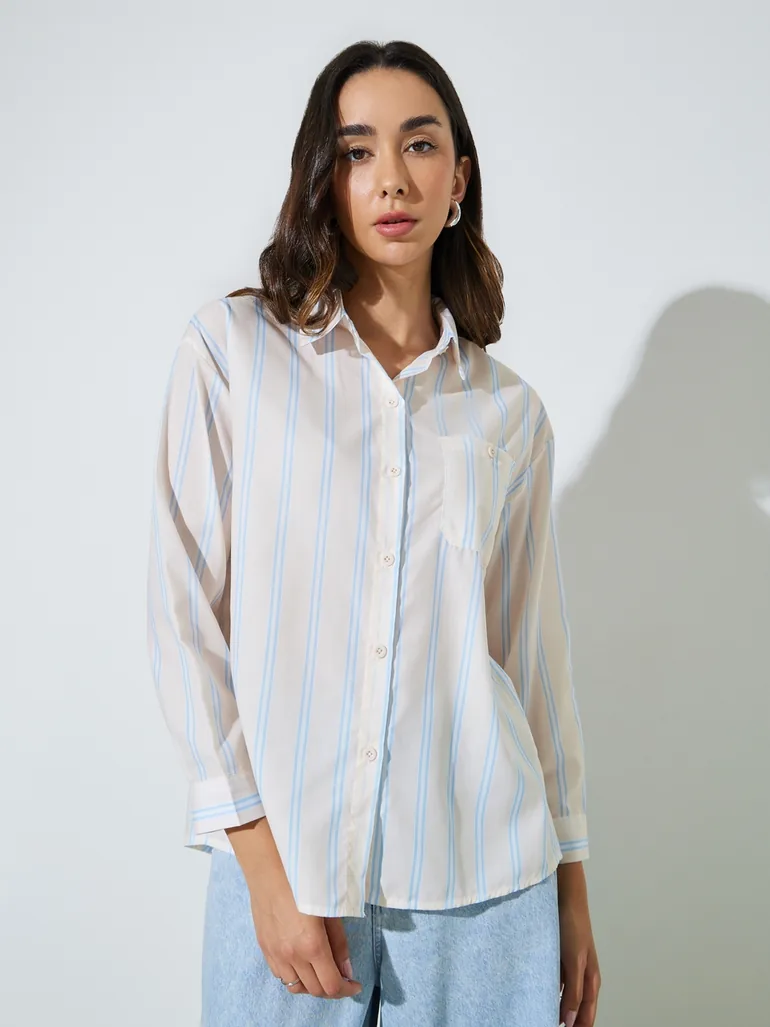 Cream Striped Casual Shirt - 2