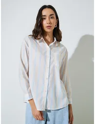 Cream Striped Casual Shirt - 2