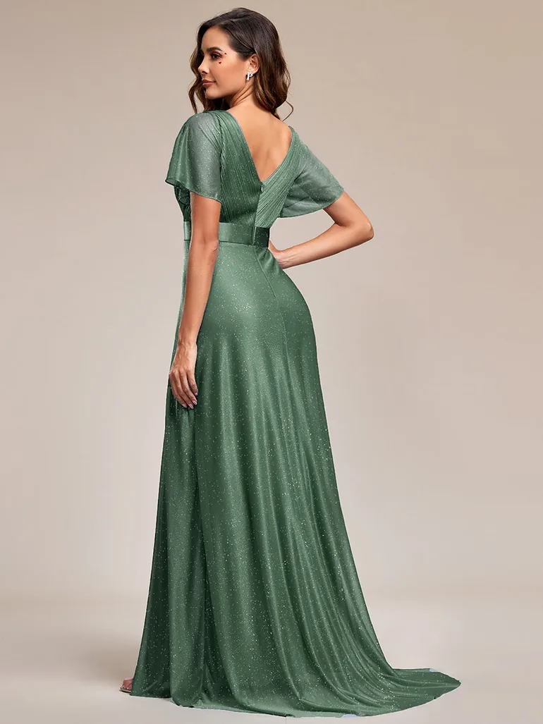 ever LIORÉ|Plus Size V Neck Ribbon Waist Formal Evening Dress With Sleeves - 1