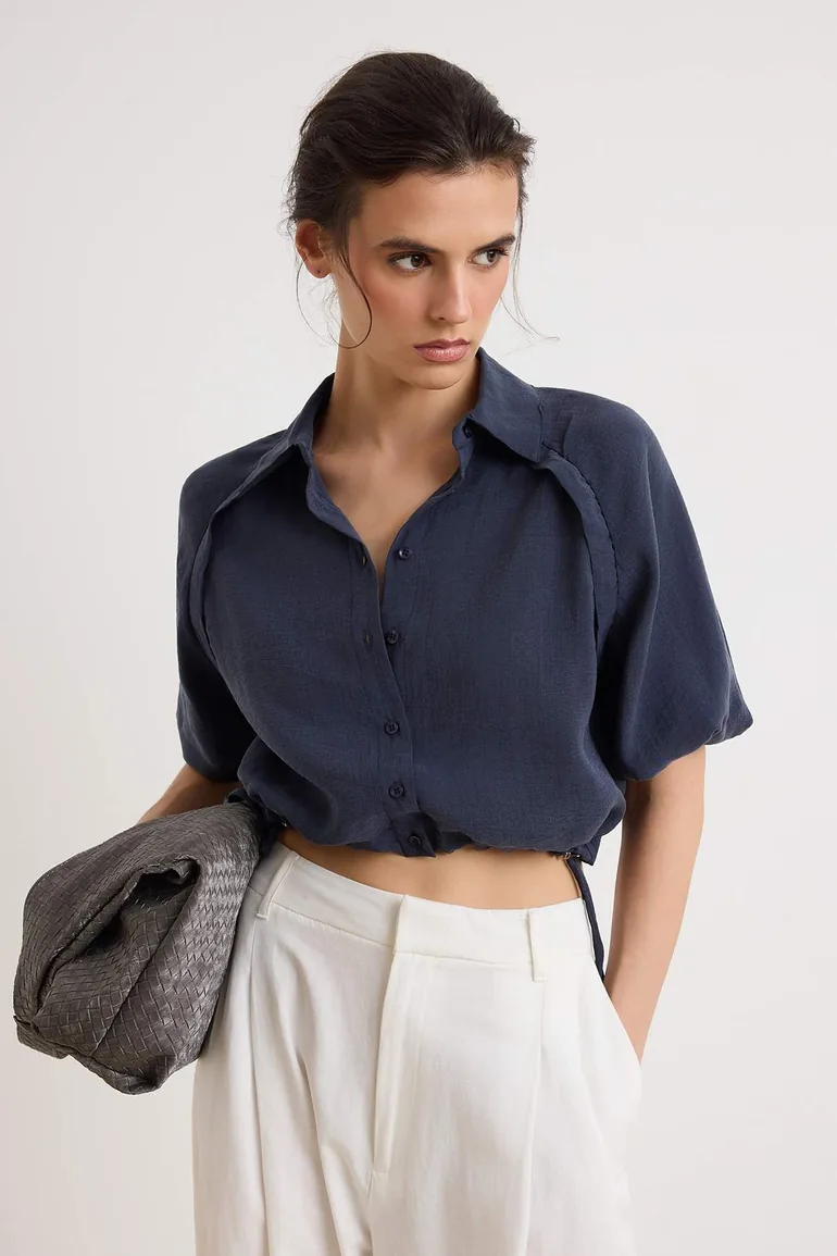 Navy Blue Crop Modal Shirt with Stitching Detail Twoss26Go00205 - 1