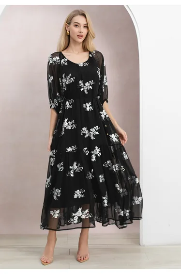Sequin Floral Elbow Sleeve Chiffon Dress in Black for Wedding Guests & Romantic Date Nights