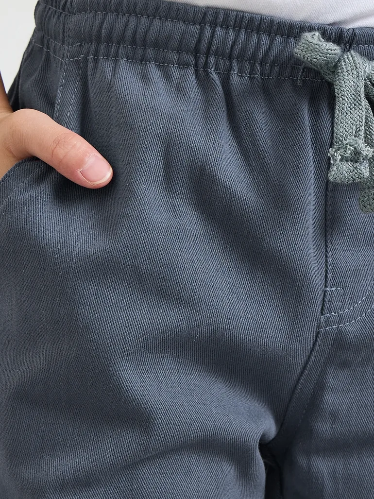 Boys Grey Relaxed Fit Cotton Pants with Drawstring Waist - 2