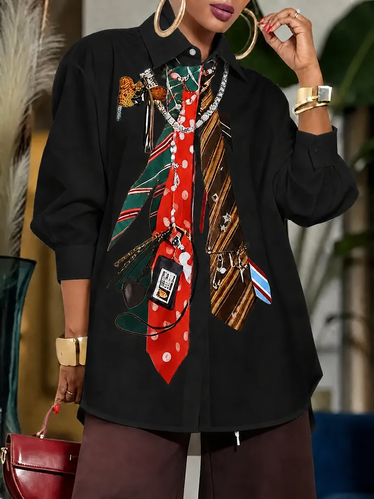 Loose Three-Quarter Sleeves Buttoned Contrast Color Printed Split-Joint Lapel Blouses&Shirts Tops - 1