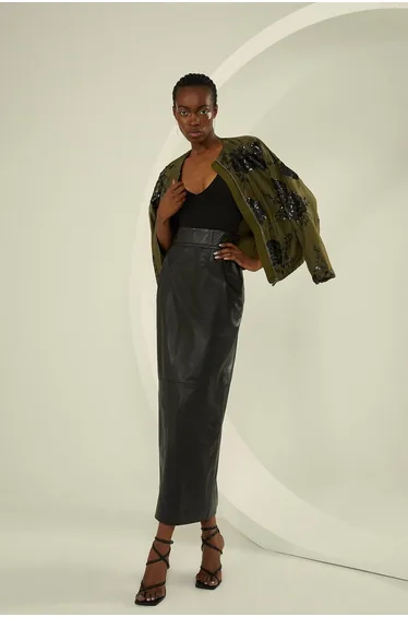 Leather Corset Detail High Waist Maxi Pencil Skirt