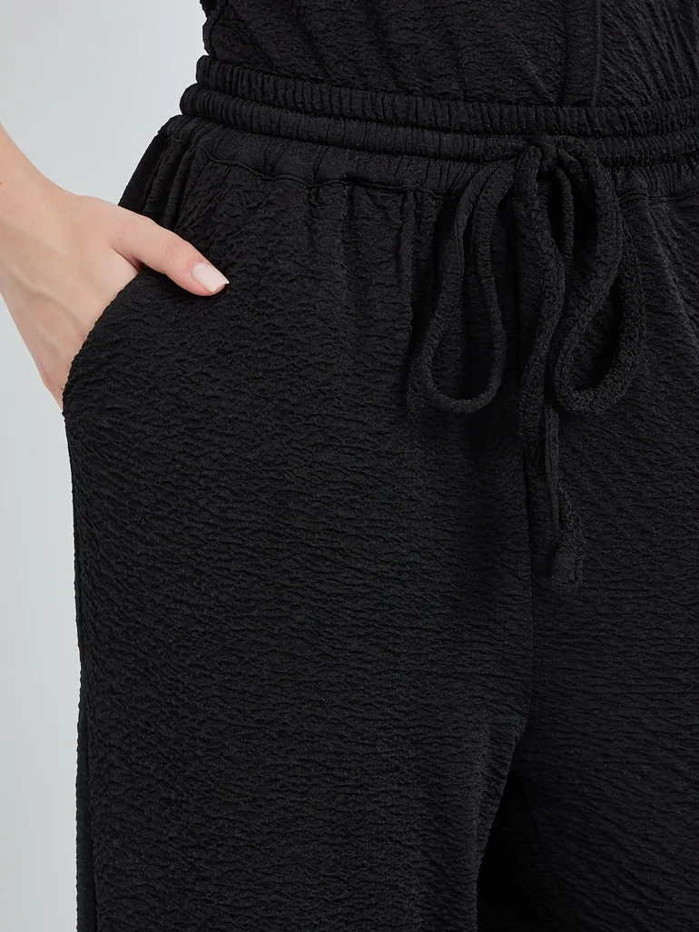 Women Black Wide Leg Trousers with Drawstring - 2