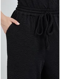 Women Black Wide Leg Trousers with Drawstring - 2