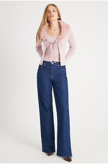 Pink Faux Fur Trim Cardigan Cami Set product thumbnail 2