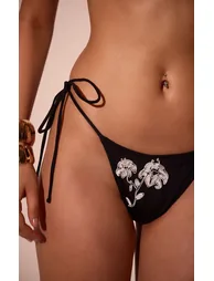 Black Embroidered Flower Tie Side Bikini Bottoms - 3