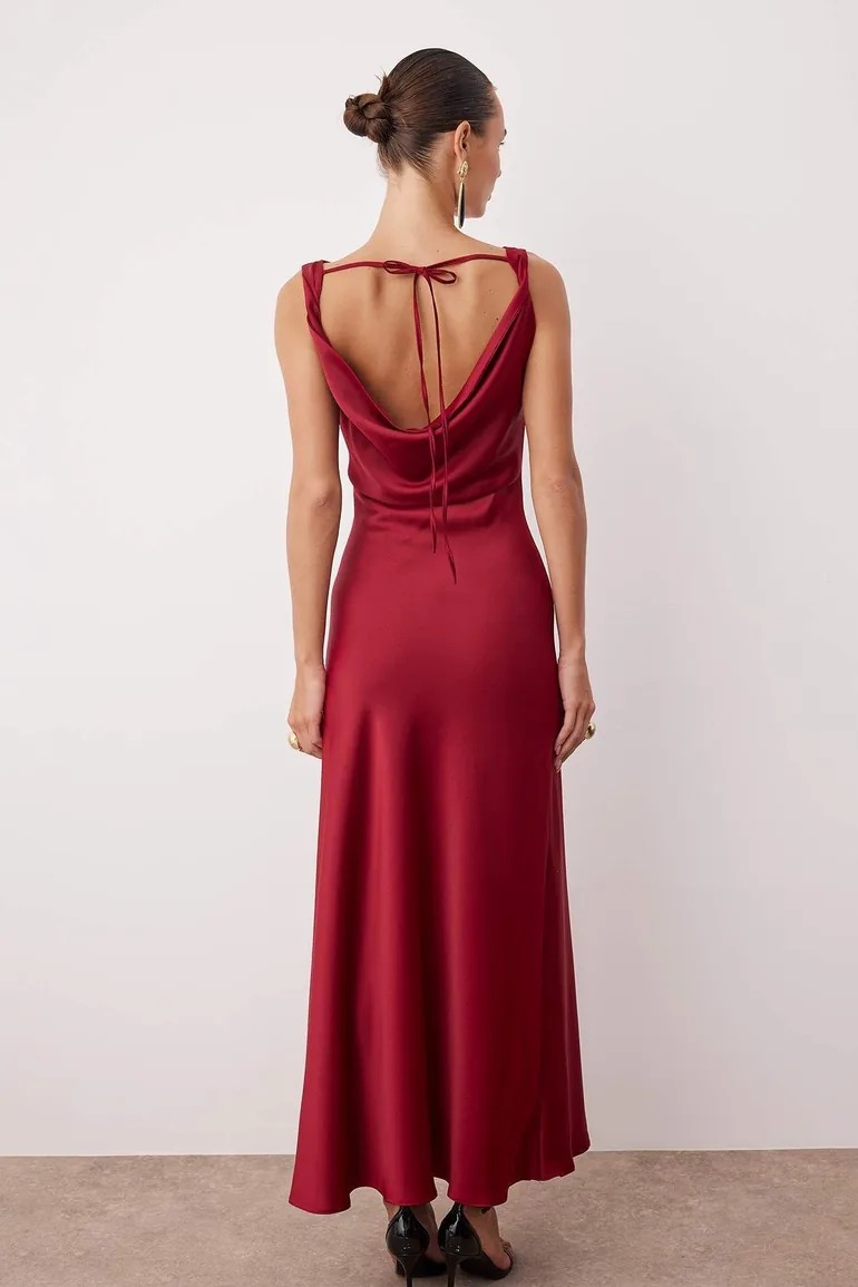 Red A-Line Cowl Neck Satin Maxi Chic Dress - 3